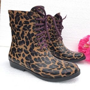 J.Crew Leopard Print Lace-up Rain Booties Size US 7